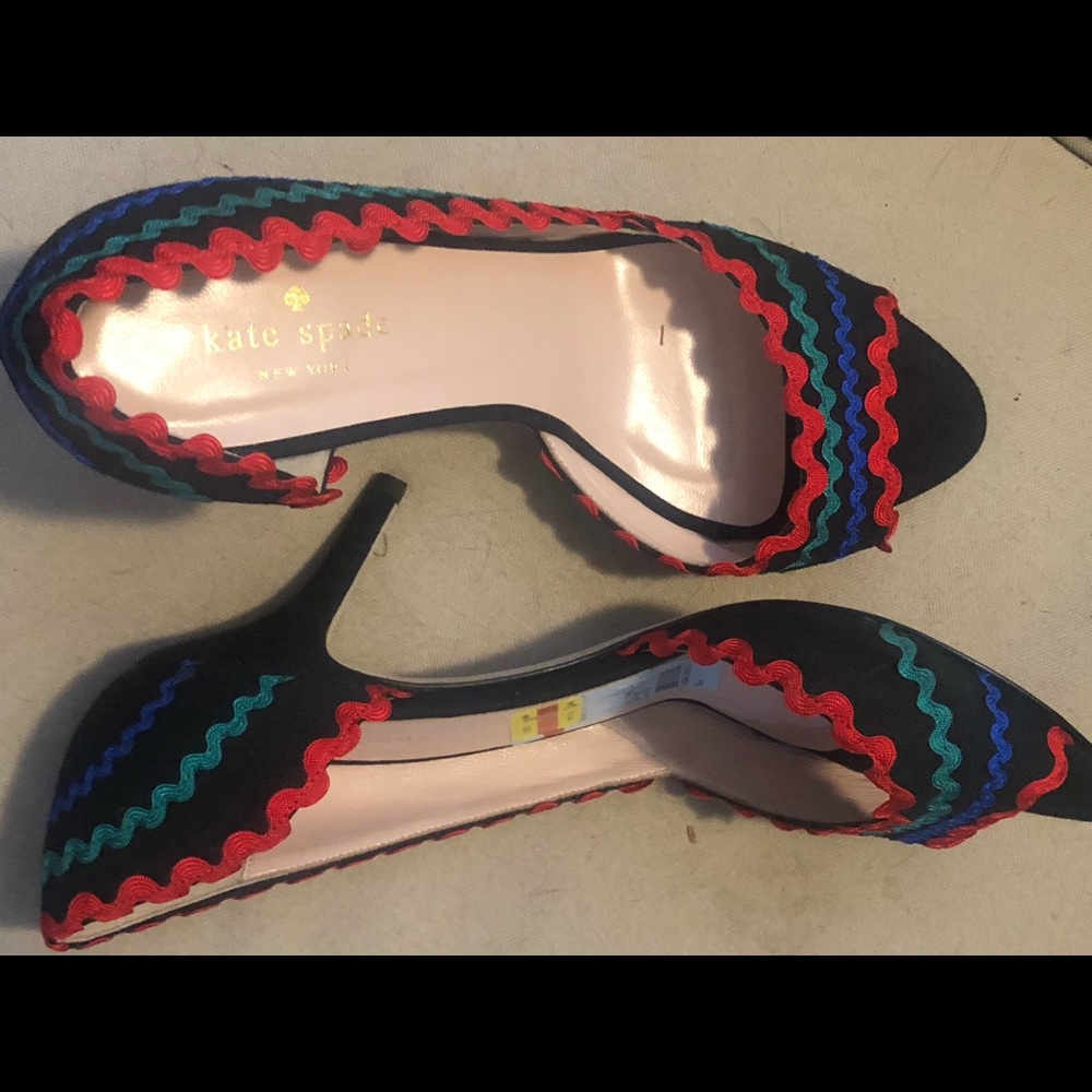 kate spade Black Multicolor Ric Rac Trim Pointed Toe Heels - Picture 3 of 5